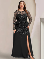 Plus Size Floor-Length Mother of the Bride A-Line Dress with Scoop Neck Long Sleeves Side Split Ruffles & Sequins