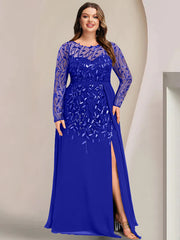 Plus Size Floor-Length Mother of the Bride A-Line Dress with Scoop Neck Long Sleeves Side Split Ruffles & Sequins