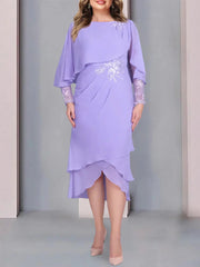 Plus Size Tea-Length Mother of the Bride Dress with Scoop Neck Short Sleeves and Lace Appliques