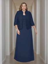 2-Piece Square Neck 3/4 Sleeve Floor-Length Mother of the Bride Dress Set with Jacket Lace & Sequins