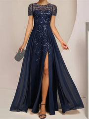 Floor-Length A-Line Mother of the Bride Dress with Scoop Neckline Side Split and Sequined Ruffles