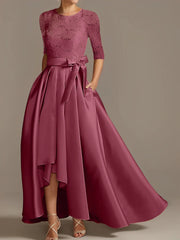 Princess A-Line Floor-Length Mother of the Bride Dress with Scoop Neck Half Sleeves and Ruffled Bows