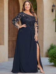 Plus Size Floor-Length Mother of the Bride A-Line Dress with One Shoulder and Long Sleeves Featuring a High Split