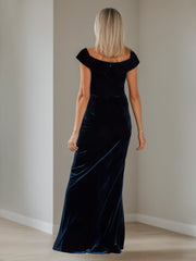 V-Neck A-Line Princess Floor-Length Velvet Mother of the Bride Dress with Side Split and Short Sleeves