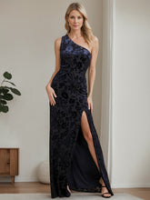 One-Shoulder Sleeveless Velvet A-Line Mother of the Bride Gown with Side Split