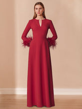 Floor-Length V-Neck A-Line Mother of the Bride Dress with Long Sleeves and Feathers