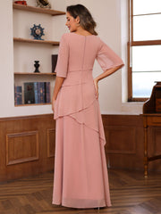 Floor-Length A-Line Princess Gown with Scoop Neck and Ruffled Half Sleeves