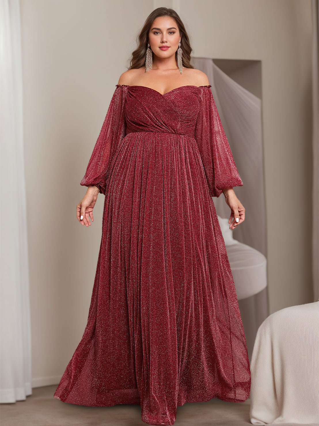 Princess A-Line Off-the-Shoulder Floor-Length Plus Size Mother of the Bride Dress with Long Sleeves and Ruffles
