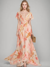 Printed Floral V-Neck A-Line Mother of the Bride Dress with Ruffles and Short Sleeves