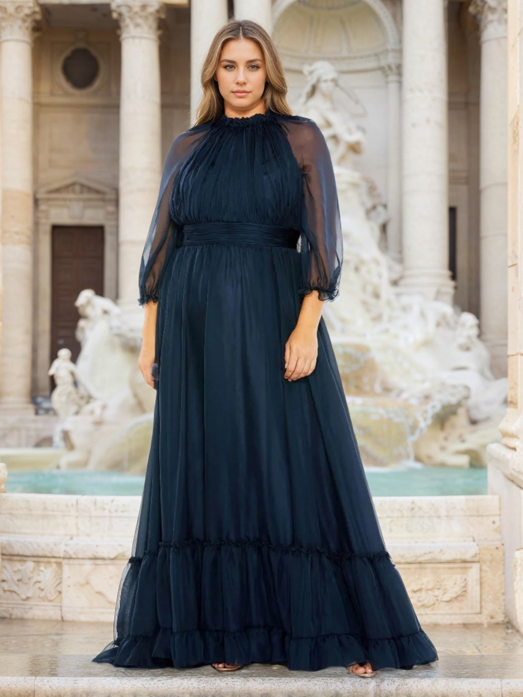 Plus Size Mother of the Bride A-Line/Princess Halter Dress with 3/4 Sleeves and Ruffles Floor-Length