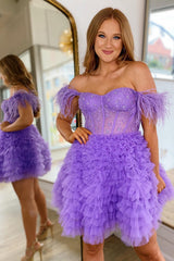 Sparkly Purple Corset A-Line Short Homecoming Dress/Mini Dress with Feathers