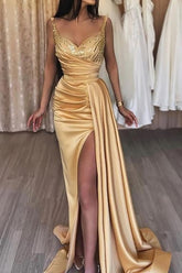 Champagne Long Prom Dress with Sweetheart Neckline and Mermaid Split Front