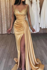 Champagne Long Prom Dress with Sweetheart Neckline and Mermaid Split Front