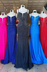 Black Long Prom Dress with Sparkly Mermaid Spaghetti Straps and Beading