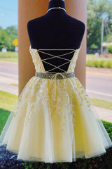 Yellow A Line Halter Backless Homecoming Dress/Mini Dress