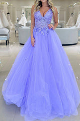 Elegant Purple V-Neck A-Line Long Prom Dress Featuring Appliques
