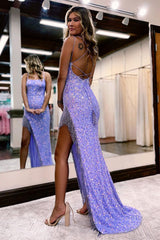 Burgundy Sequined Long Prom Dress with Spaghetti Straps and Tassel
