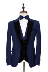 Fashion Dark Blue Peak Lapel Men's Wedding Suit with Velvet Lapel Formal Suit