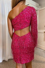 Hot Pink Open Back One Shoulder Sequins Tight Homecoming Dress/Mini Dress