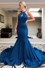Sparkly Mermaid Prom Dress in Navy with Halter Neck
