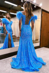 Royal Blue Glitter Mermaid Prom Dress with Feathers and Sequins Off-the-Shoulder Long Gown