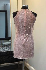Sparkly Champagne Sequin Round Neck Tight Short Homecoming Dress/Mini Dress with Fringes