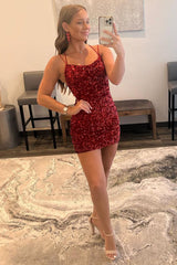 Red Tight Sequins Backless Homecoming Dress/Mini Dress