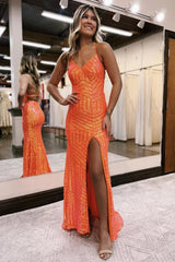 Long Orange Sequined Prom Dress with Criss Cross Back and Sheath Spaghetti Straps