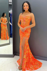 Long Orange Sequined Prom Dress with Sweetheart Neckline and Front Split