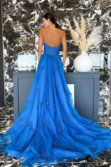 Long Blue Sweetheart A-Line Prom Dress with Front Split Appliques