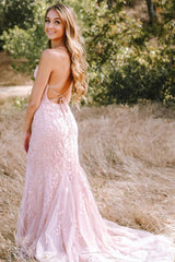 Backless Mermaid Prom Dress in Pink Lace