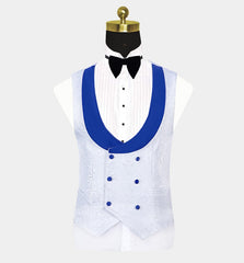 Blue Shawl Lapel Suit for Groom with White Jacquard Tuxedo
