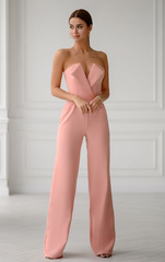 Elegant Pink Strapless Fold Collar Long Jump Suit