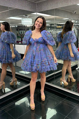 Dark Blue Puff Sleeves A-Line Floral Short Homecoming Dress/Mini Dress with Ruffles