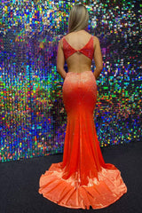 Orange Long Prom Dress with Beading and a Mermaid Deep V Neck