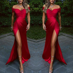 Burgundy Mermaid Off-The-Shoulder Evening Dress With Sweetheart Front Split