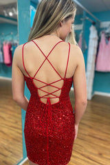 Sparkly Burgundy Lace-Up Back Sequins Tight Short Homecoming Dress/Mini Dress