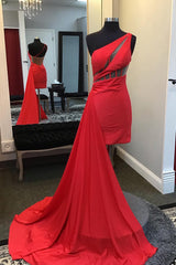 Red Corset One Shoulder Tight Short Satin Homecoming Dress/Mini Dress with Ruffle