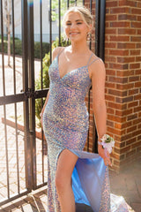 Mermaid Prom Dress in Light Blue with Sequins Spaghetti Straps and Slit