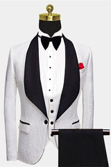 Floral White Men's Suits with Black Lapel Three-Piece Dinner Suits for Men