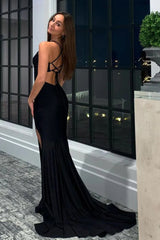 Long Black Prom Dress with Mermaid Halter and Crisscross Back