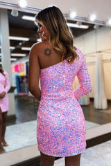 Sparkly Pink Sequined One Shoulder One Sleeve Tight Short Homecoming Dress/Mini Dress with Slit