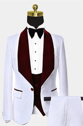 Burgundy Lapel Wedding Suit for Groom with White Jacquard