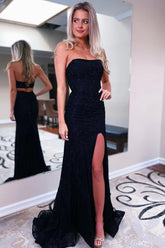 Long Black Strapless Prom Dress with Front Split and Sequins Sheath