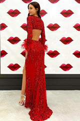 Red Sequined Long Prom Dress with Feather Trim and Deep V-Neck Mermaid Style