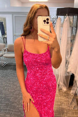 Hot Pink Backless Long Prom Dress with Mermaid Glitter Sequins