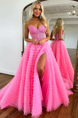 Elegant Sweetheart Corset Pink Prom Dress with Appliques in A-Line Style