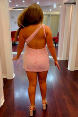 Sparkly Pink Sequined Backless Tight Homecoming Dress/Mini Dress with Feathers