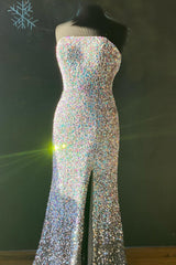 Long Strapless White Prom Dress Featuring Sequins and a Front Split