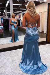 Long Blue Prom Dress with Spaghetti Straps and Silt Sheath